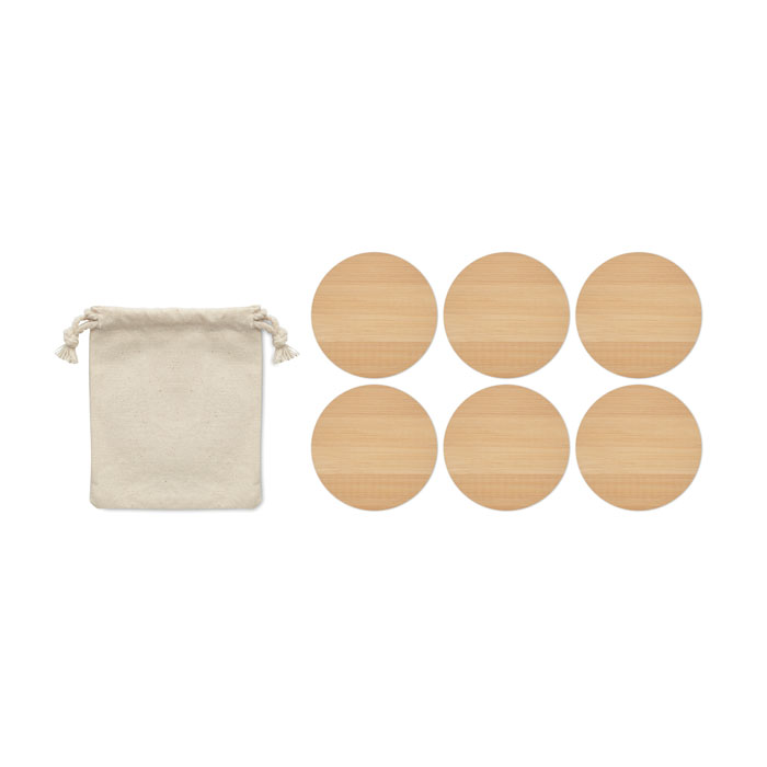 Set of Six Bamboo Coasters in Cotton Bag