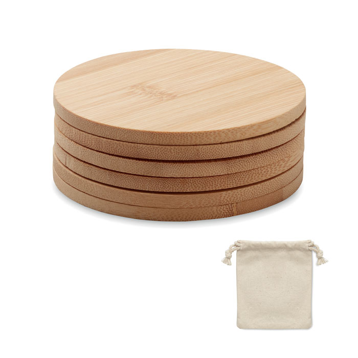 Set of Six Bamboo Coasters in Cotton Bag